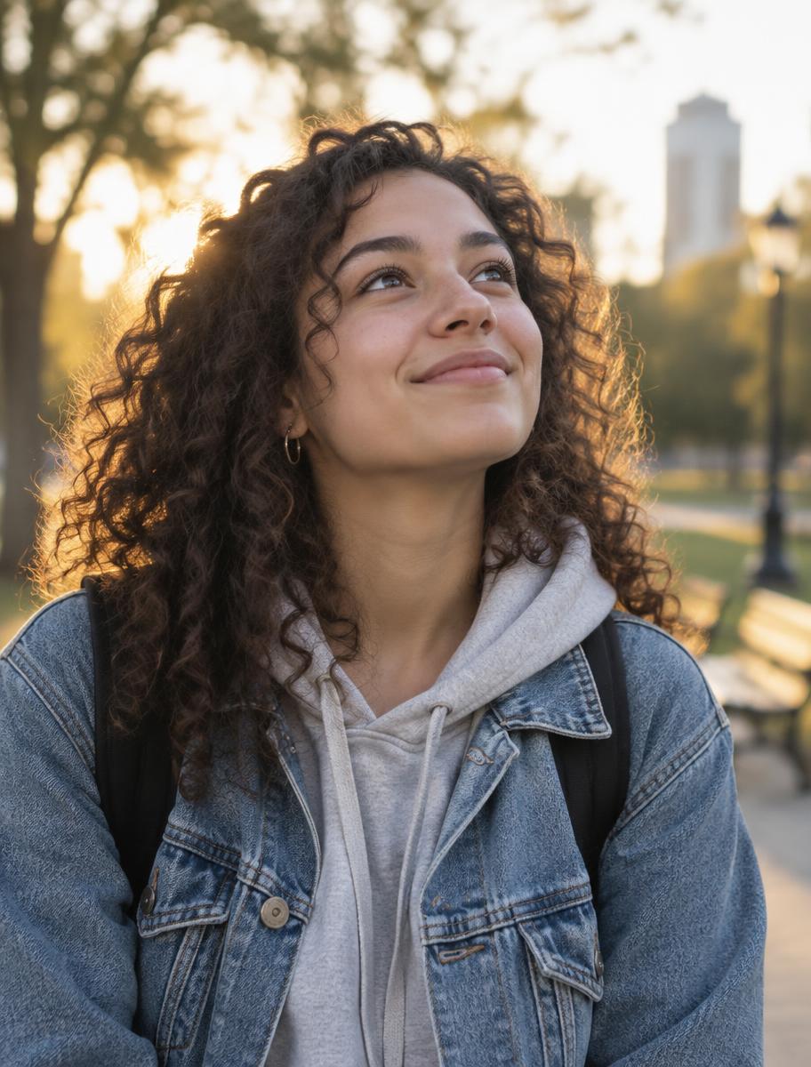 A young adult standing outdoors in warm afternoon light