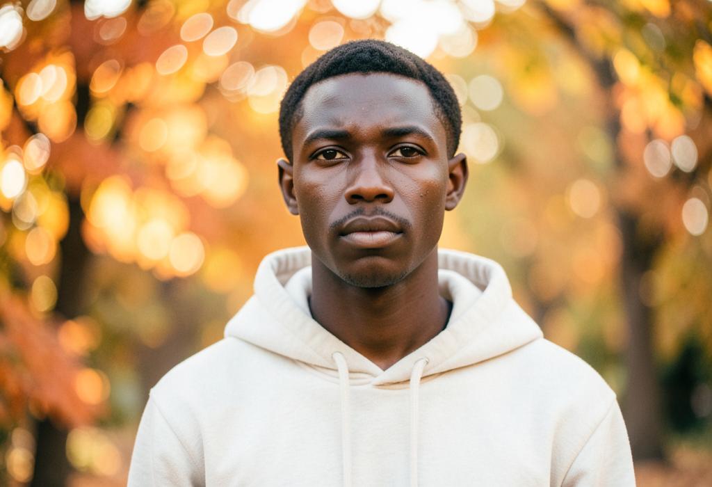 A young adult standing outdoors in warm light