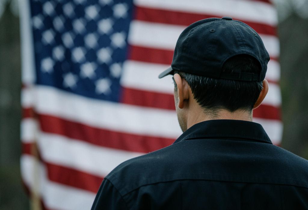 A veteran standing before an American flag